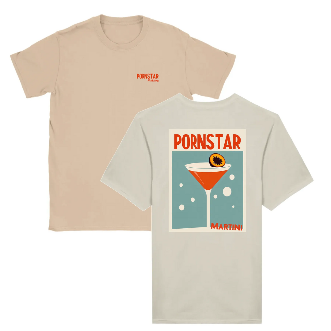 T-shirt featuring a graphic of a Pornstar Martini cocktail