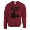Unisex sweater featuring a graphic of tennis elements with San Francisco skyline