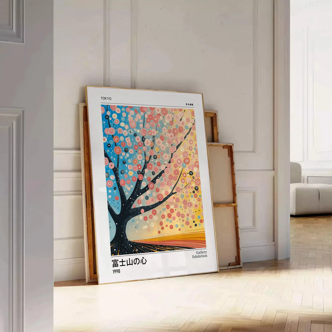 Illustration of a cherry tree in bloom with pink flowers against a blue sky