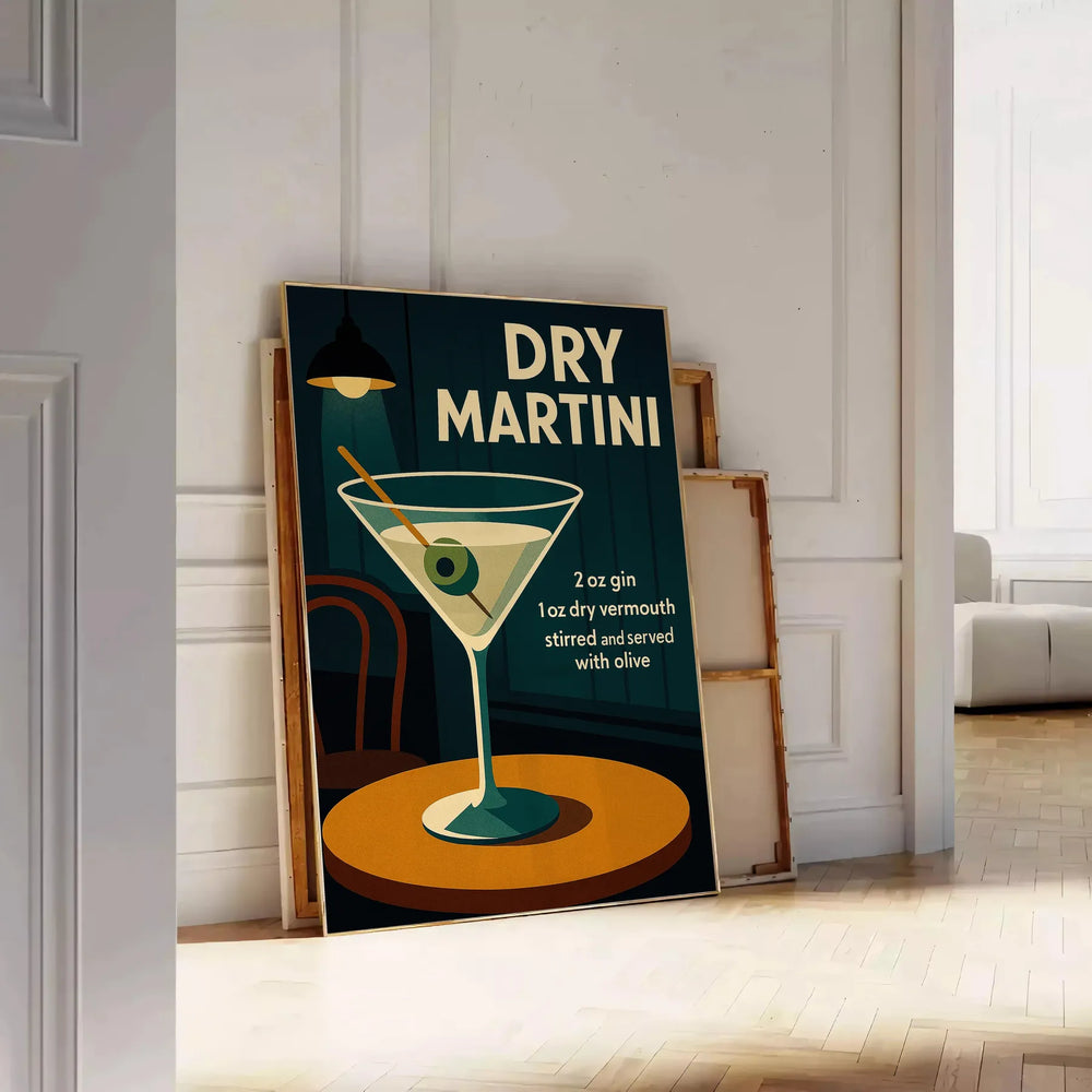 Illustration of a dry martini cocktail in a minimalist style, black and gray tones