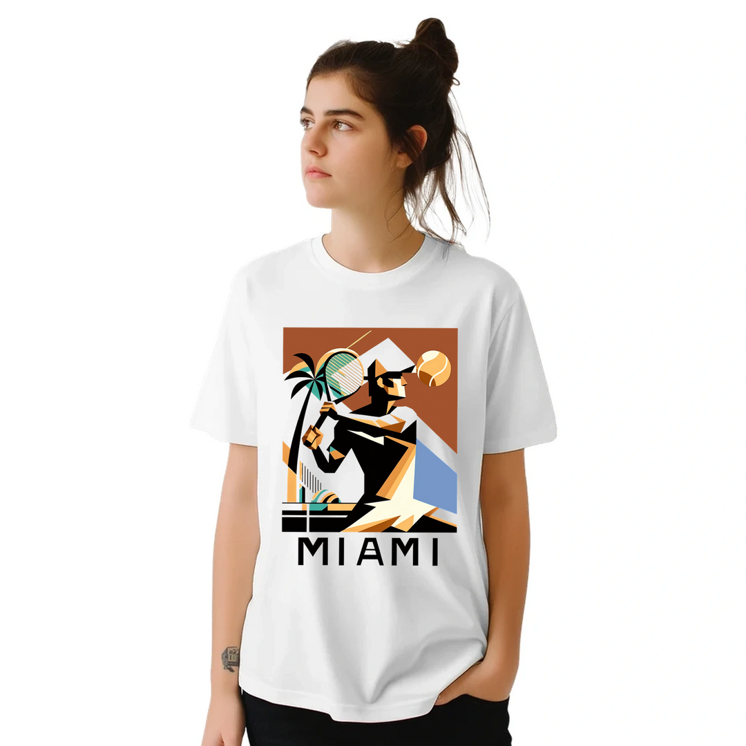 T-shirt featuring a tennis player in action against a Miami skyline