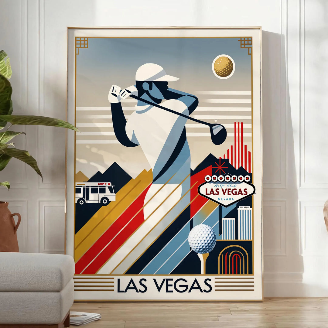 Vintage Art Deco poster depicting a golf scene in Las Vegas with black and orange tones