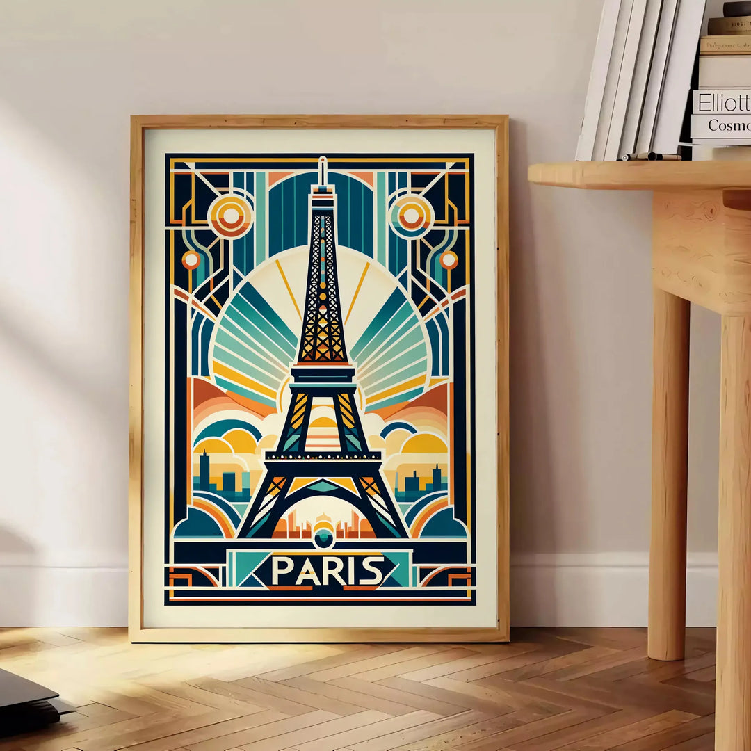 Yellow and black Art Deco Paris poster featuring stylized city silhouette