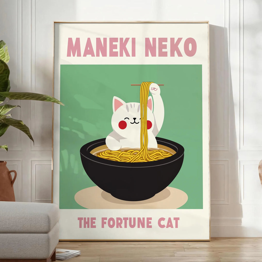 Illustration of a Maneki Neko in a Japanese kitchen, featuring blue and black tones