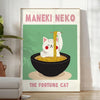 Illustration of a Maneki Neko in a Japanese kitchen, featuring blue and black tones
