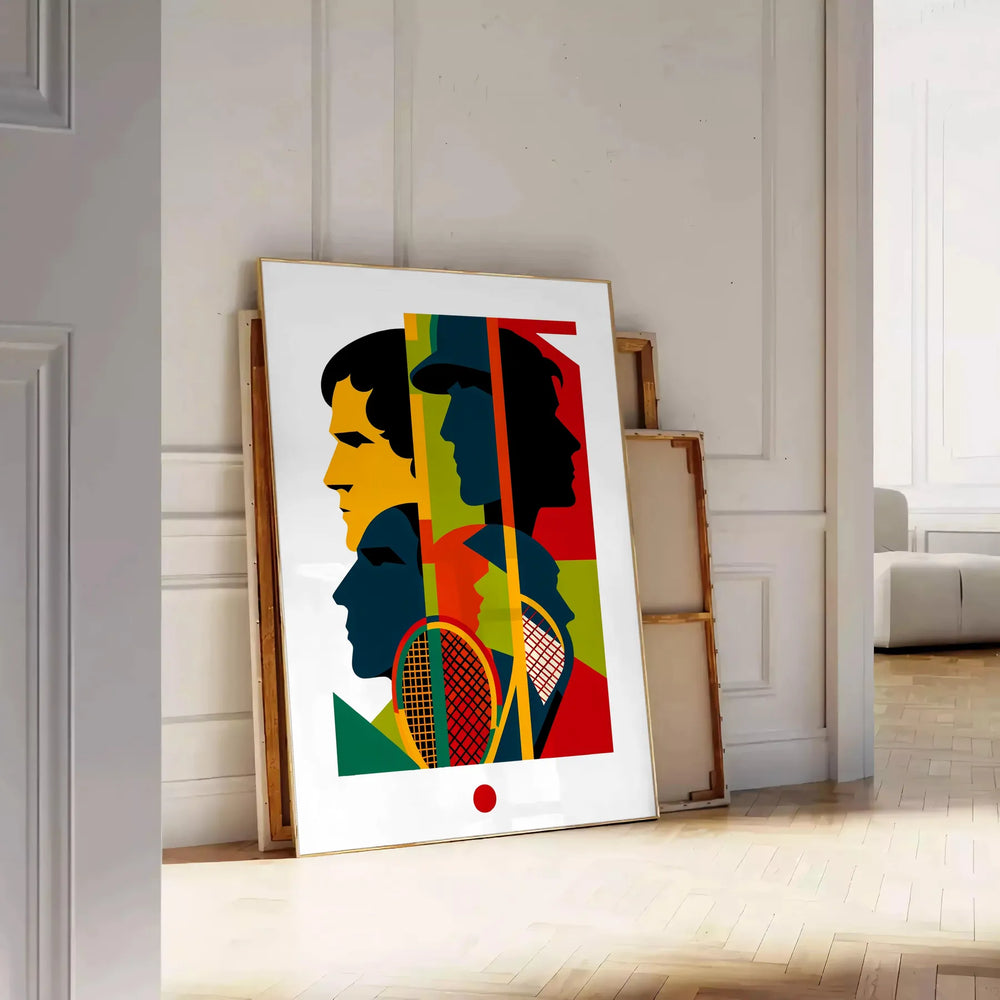 Black and white poster featuring an abstract silhouette of a tennis player in motion