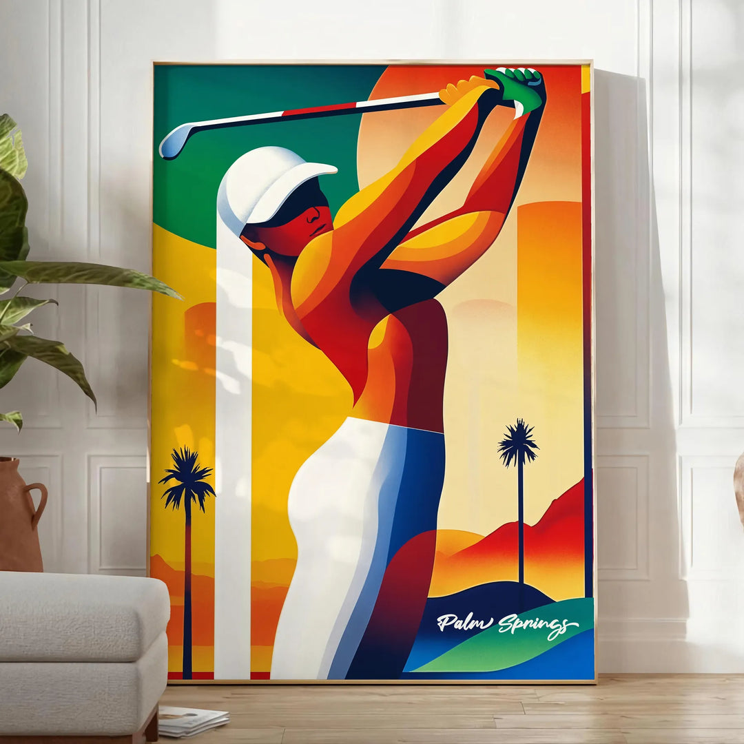 Vintage art deco illustration of golfers in Palm Springs, California