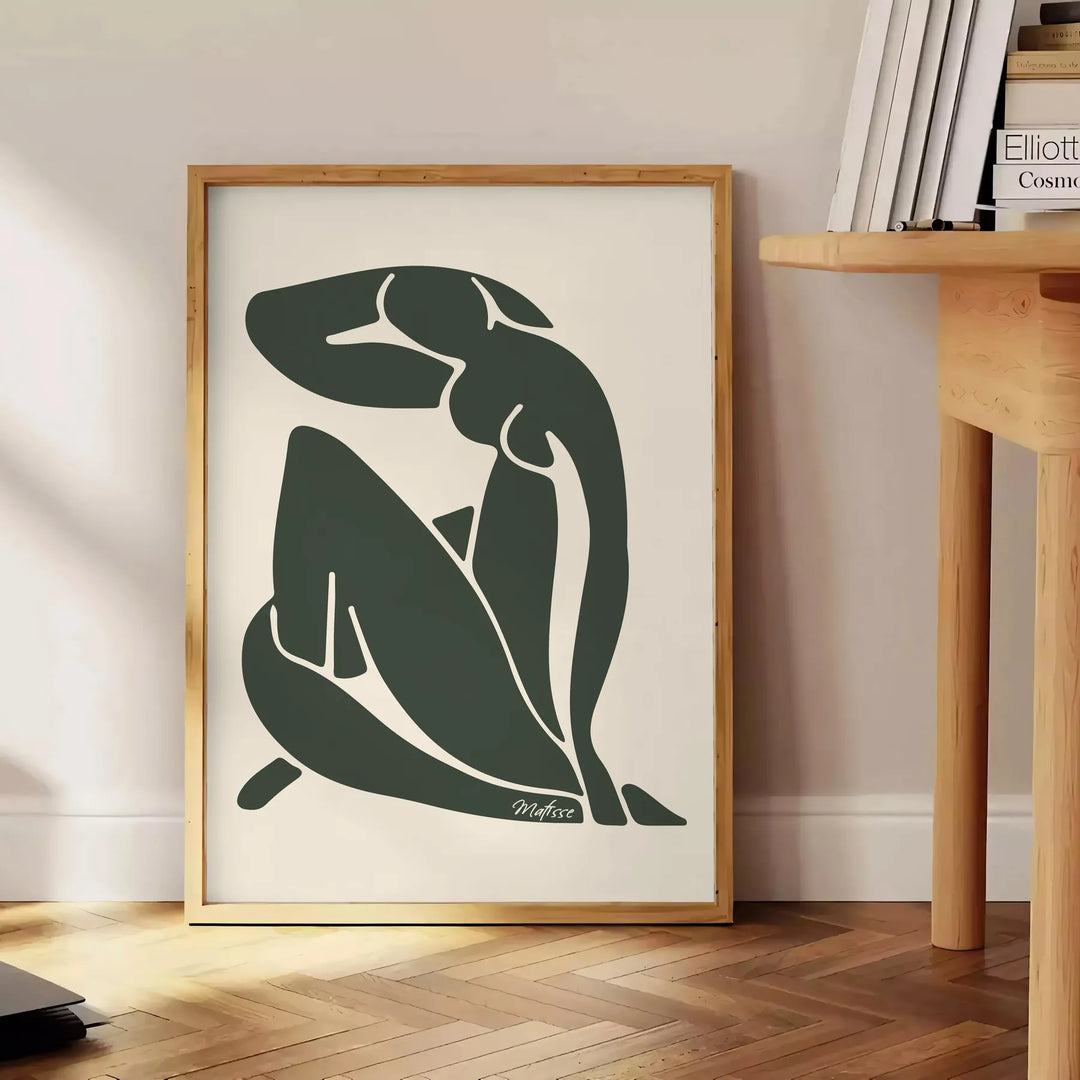 Matisse-style blue cutout figure on a white-gray background
