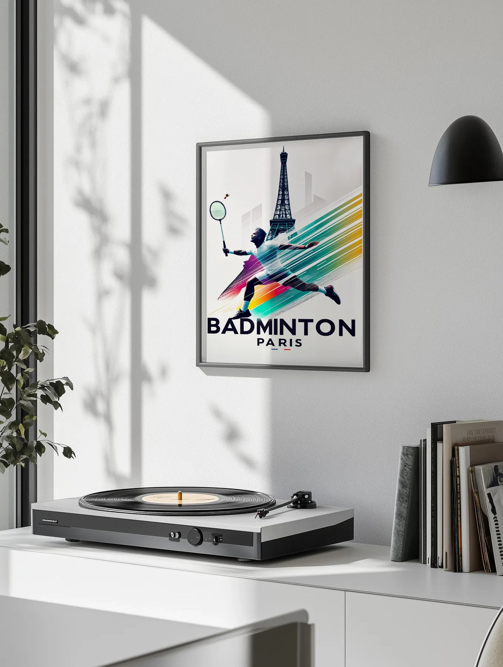 Art poster showing dynamic badminton player silhouette in modern graphic style