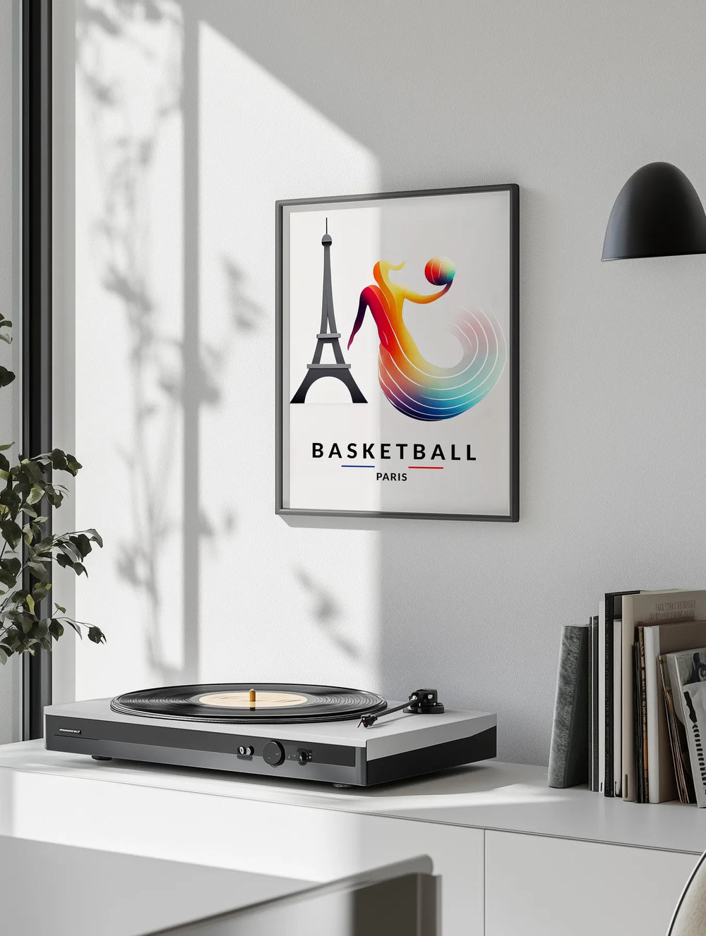 Poster showing basketball player and Paris skyline in bold graphic style