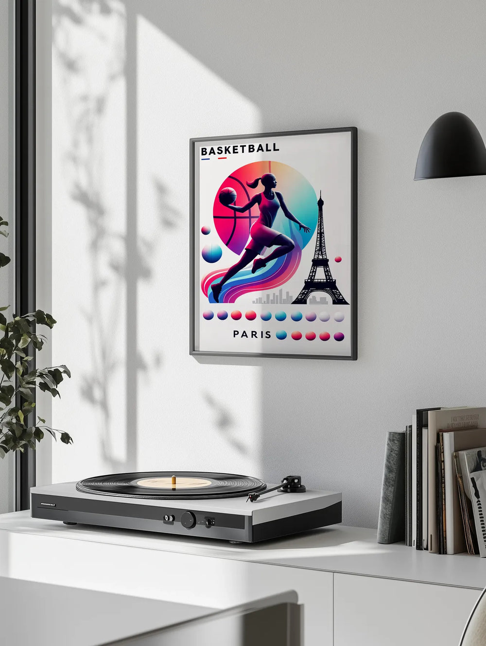 Poster showing stylized Paris basketball scene, dynamic graphic sports artwork
