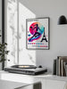 Poster showing stylized Paris basketball scene, dynamic graphic sports artwork