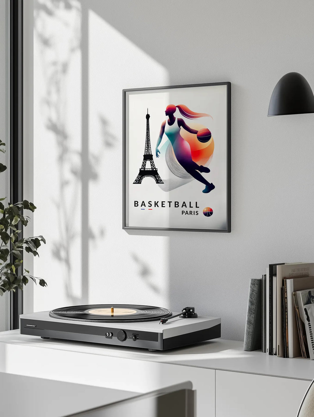 Poster of a dynamic Paris basketball illustration, modern graphic sports artwork