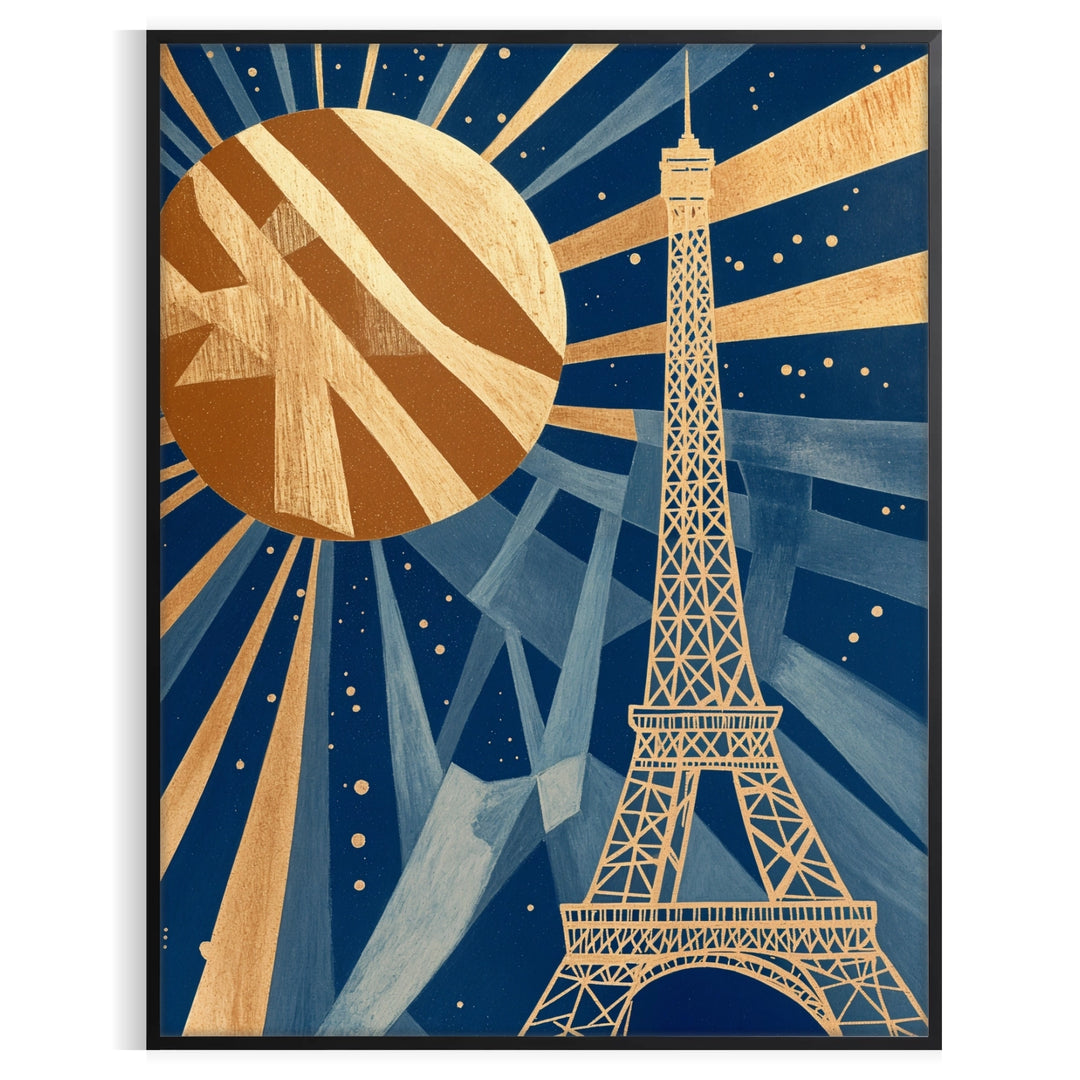 Art Deco poster of Paris featuring a stylized city skyline in green and brown