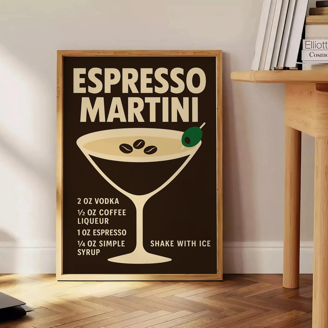 Minimalist illustration of an Espresso Martini cocktail in black and gray