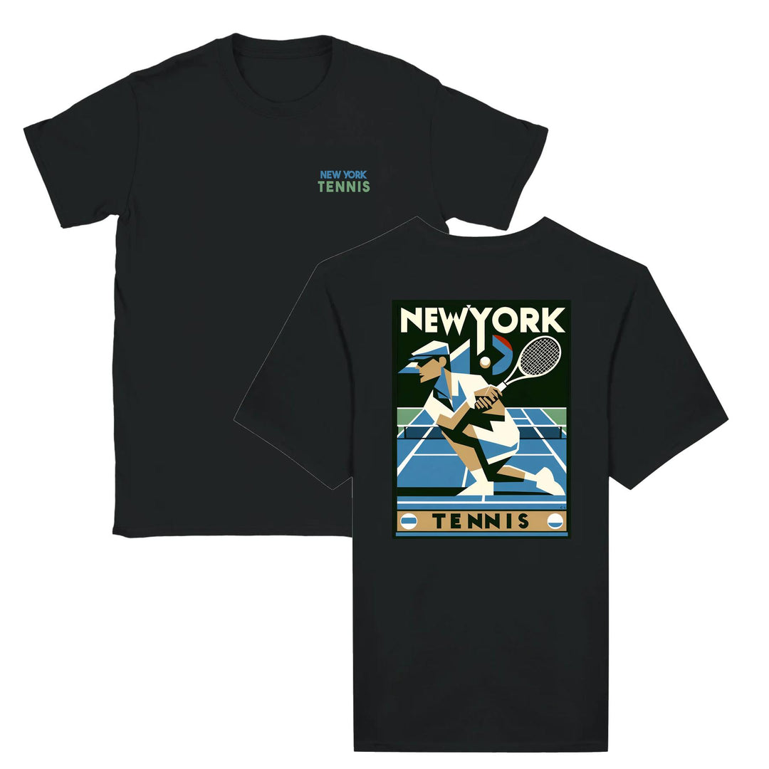 T-shirt featuring a graphic of a tennis player in action against a New York skyline