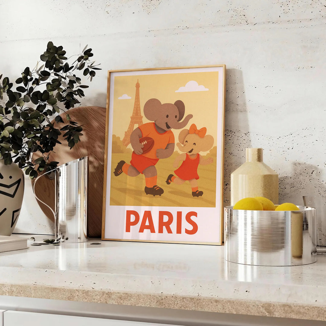 A playful elephant child playing rugby in an Art Deco style with soft vintage colors
