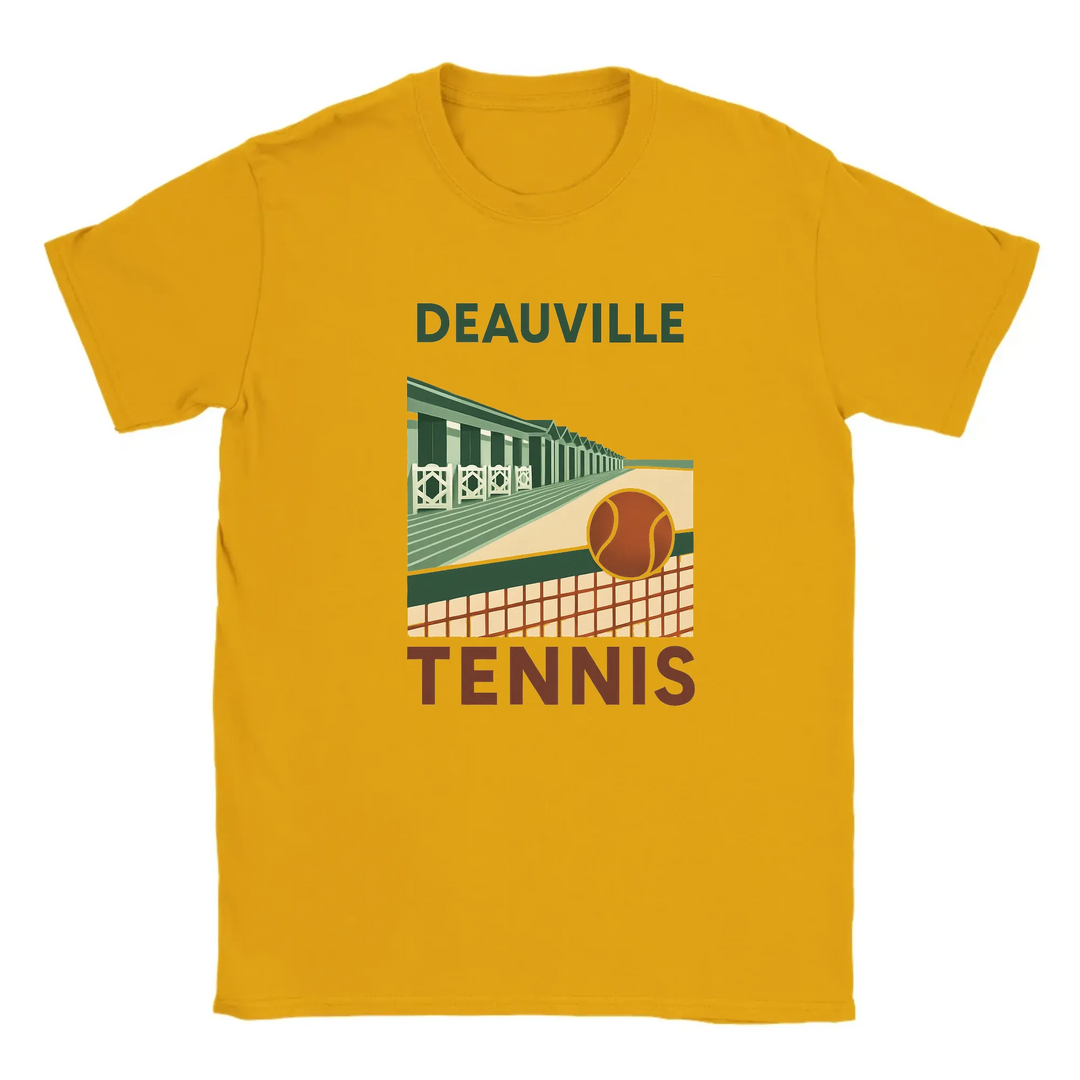 T-shirt featuring a graphic of tennis rackets and balls with Deauville text