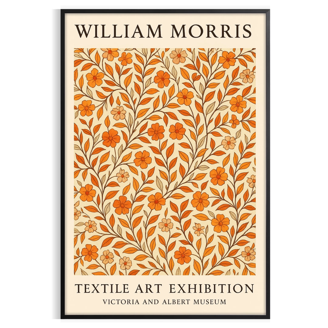 Intricate floral pattern in orange and brown by William Morris