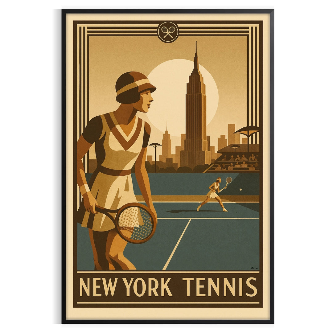Poster showing stylized New York tennis scene in green and orange