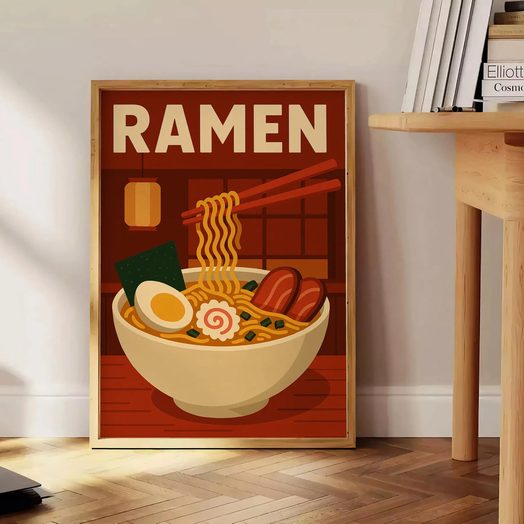 Green and black Japanese ramen kitchen poster, minimalist graphic bowl illustration