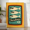 Ilustração de sardinhas em um estilo náutico divertido com tons de azul e vermelho