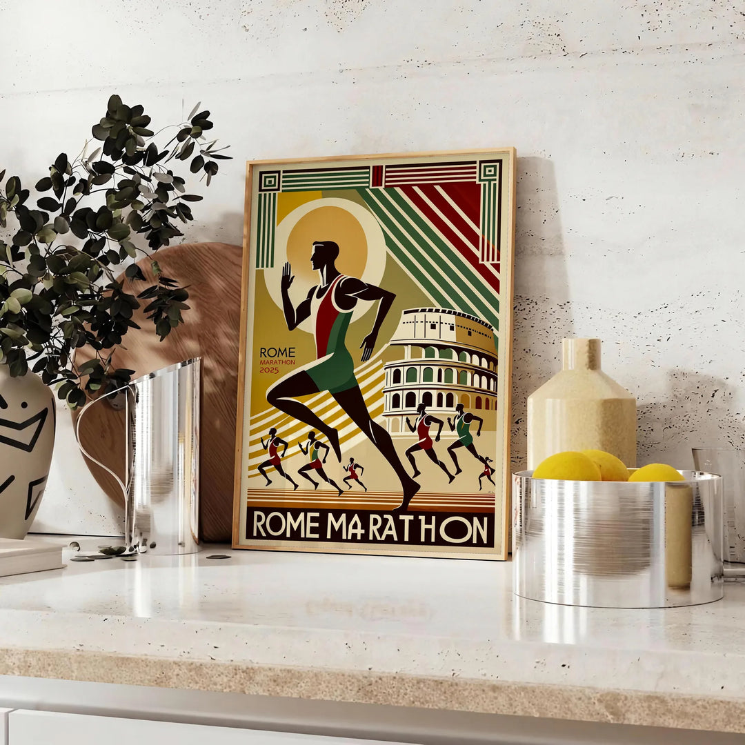Brown and green Rome Marathon poster showing stylized runners and skyline
