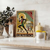 Brown and green Rome Marathon poster showing stylized runners and skyline