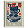 Un gatto giocoso mescolando ramen in una cucina colorata