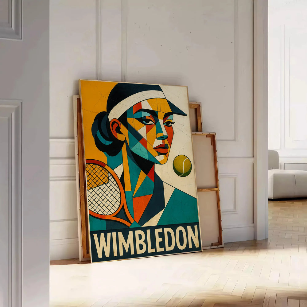 Wimbledon cubist tennis poster showing red and green geometric racket action