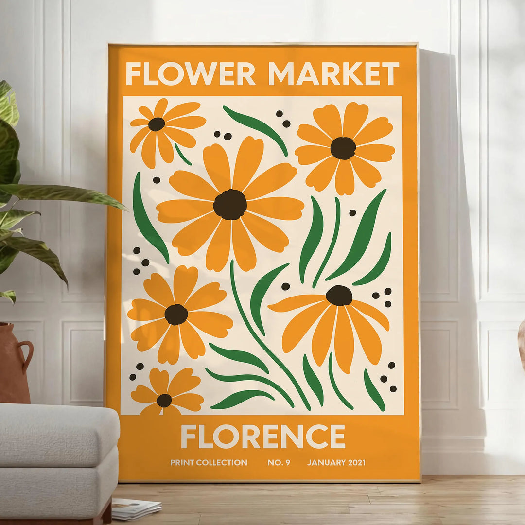 Vintage botanical poster of Florence market illustration, green and brown tones