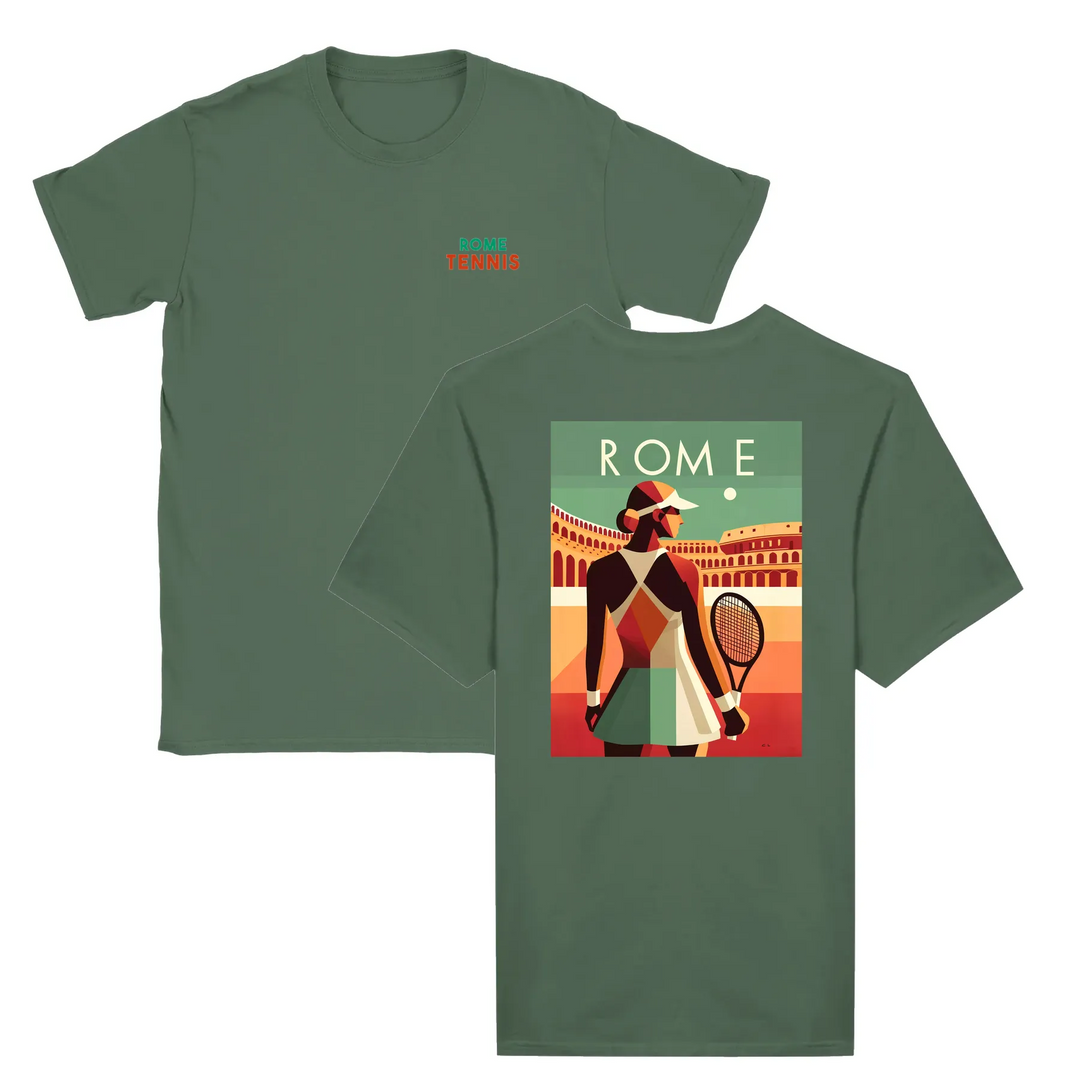 T-shirt featuring a graphic of a tennis player in action