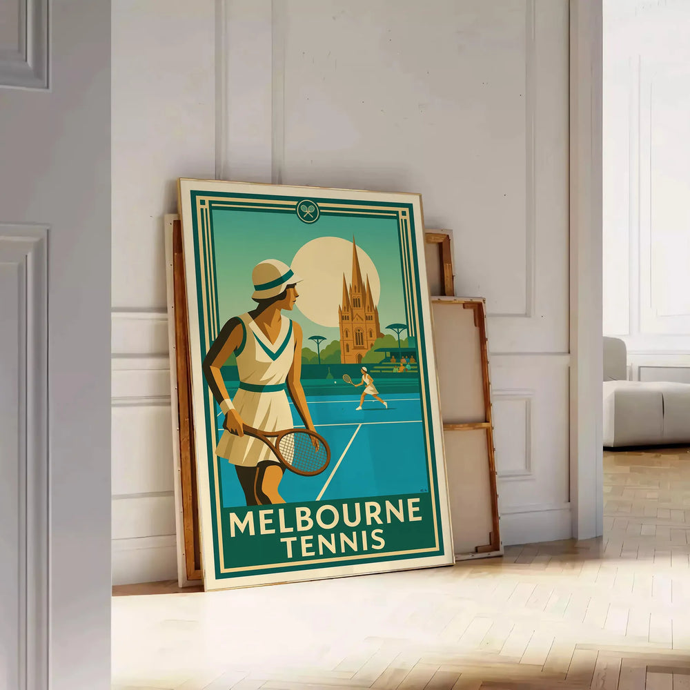 Melbourne tennis poster in brown and green, minimalist sport artwork