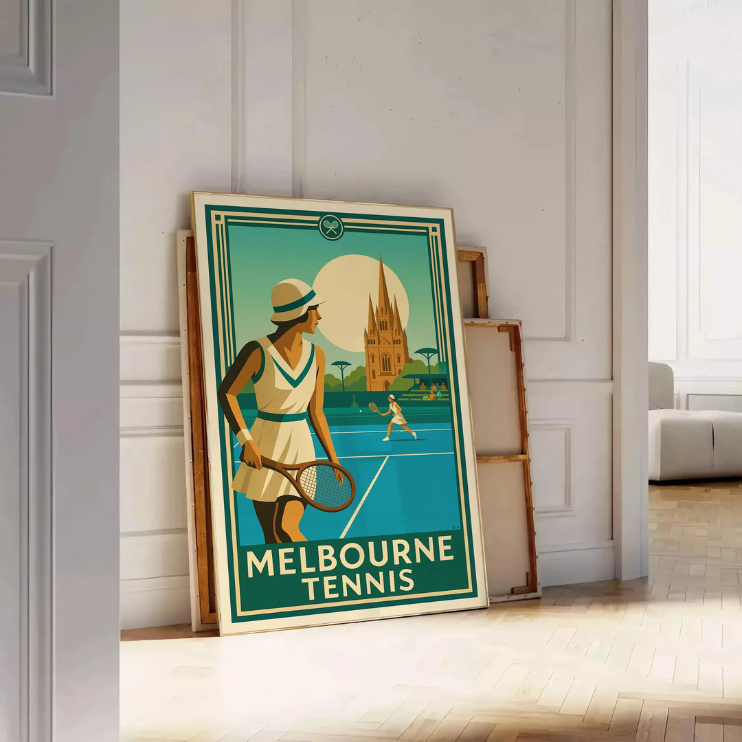 Melbourne tennis poster in brown and green, minimalist sport artwork