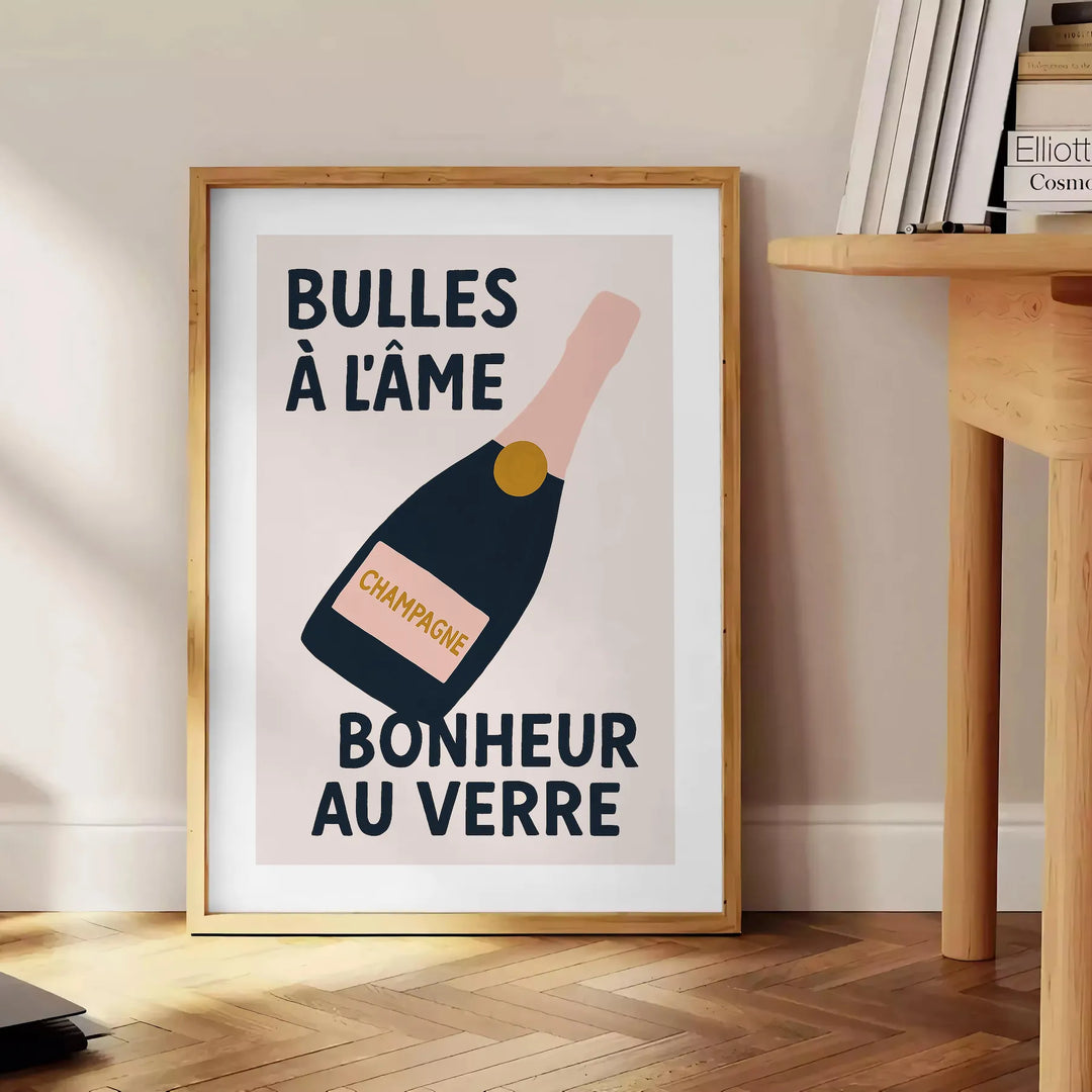 Elegant champagne bottle and glass kitchen poster in green and black