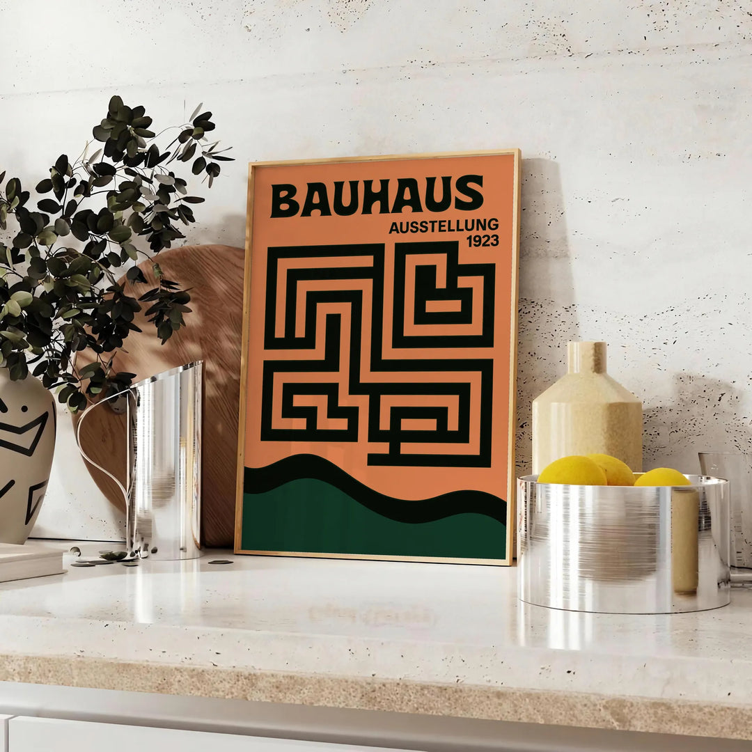 Bauhaus labyrinth poster with geometric maze design in green and gray