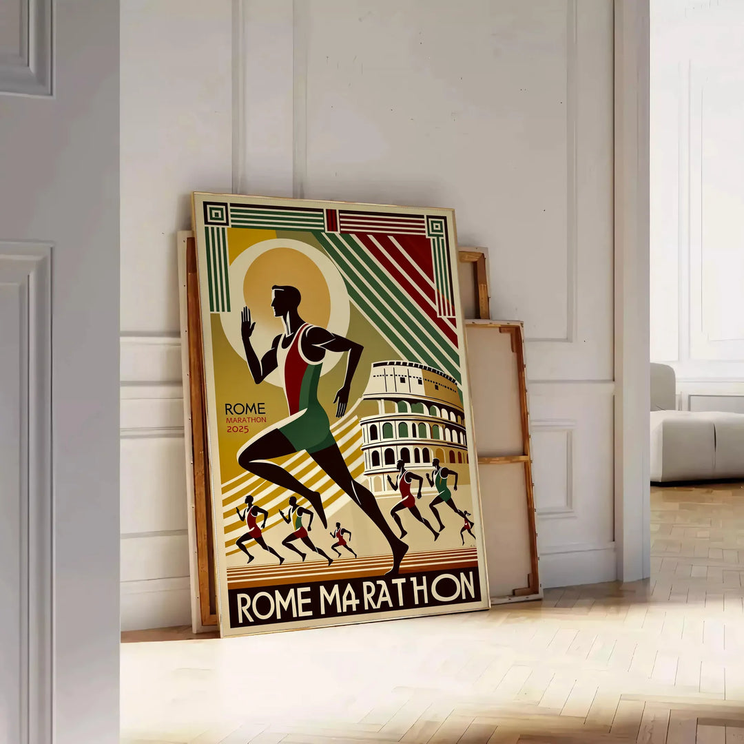 Brown and green Rome Marathon poster showing stylized runners and skyline