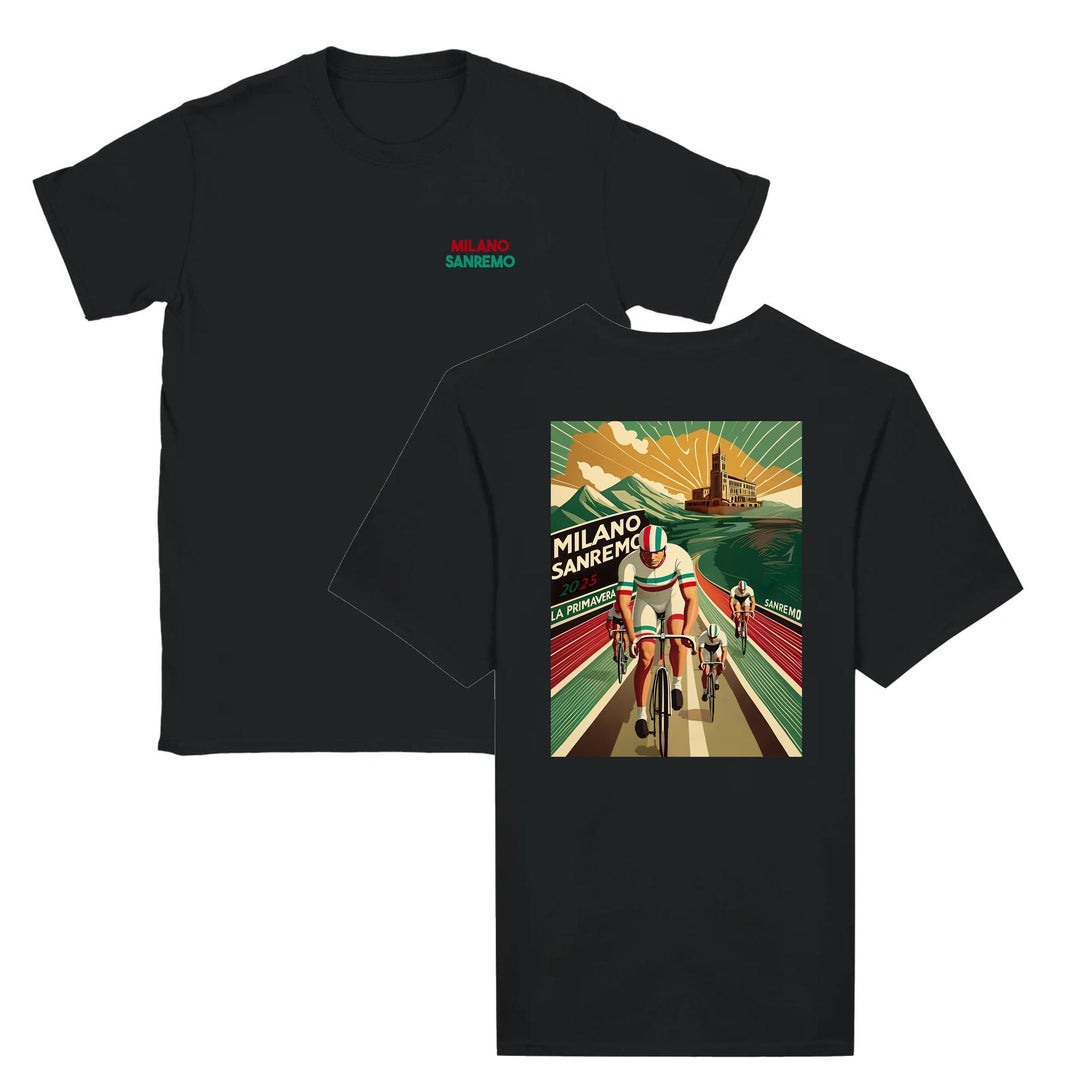 T-shirt featuring a graphic design inspired by the Milano Sanremo cycling race
