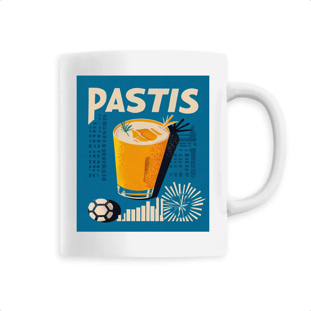 White ceramic mug featuring vintage Pastis label illustration for daily drinks