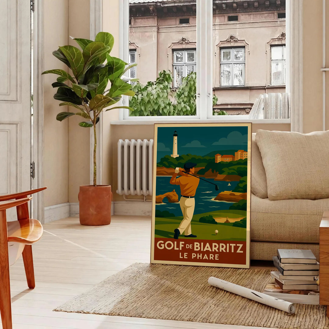 Minimalist poster of a Golf Biarritz scene in yellow and gray