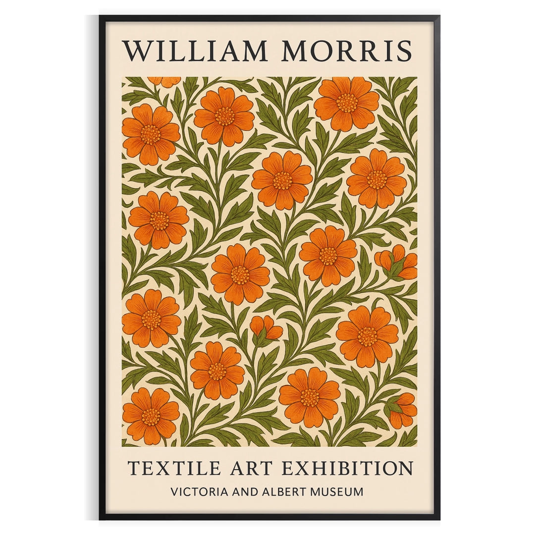 William Morris botanical design featuring intricate floral patterns in orange and green