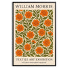 William Morris botanical design featuring intricate floral patterns in orange and green