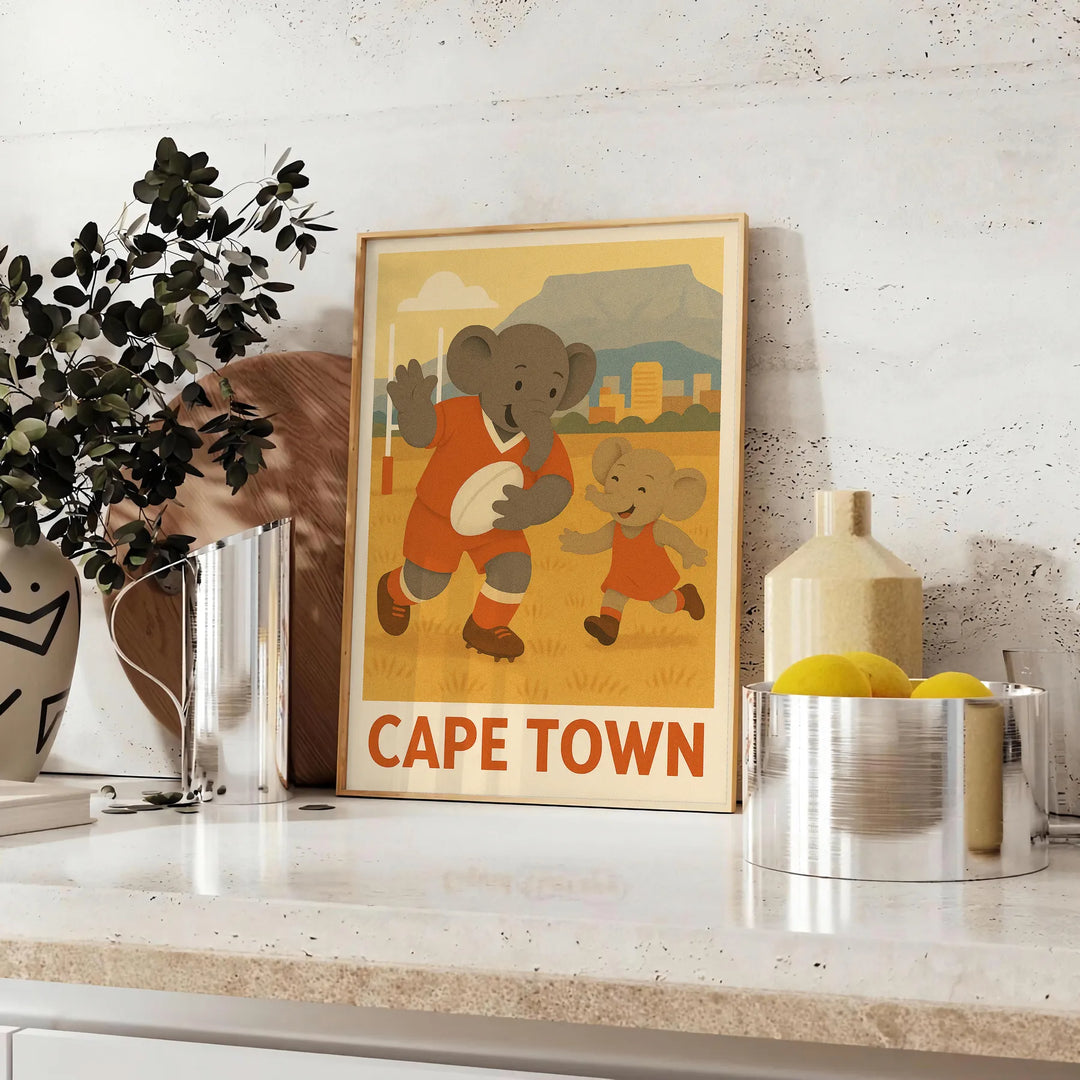 T-shirt featuring a playful elephant playing rugby in Cape Town