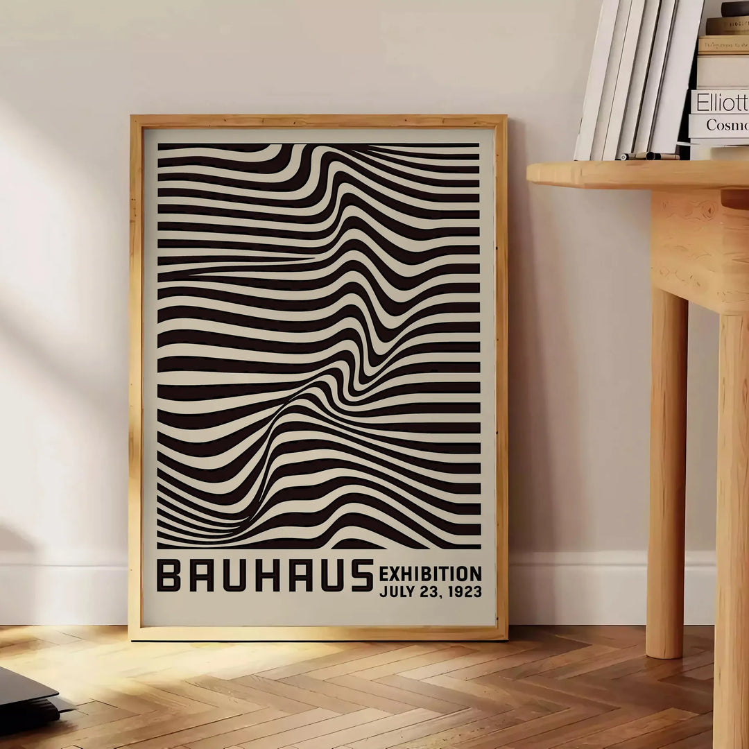 Minimalist poster featuring black lines on a gray background, inspired by Bauhaus design