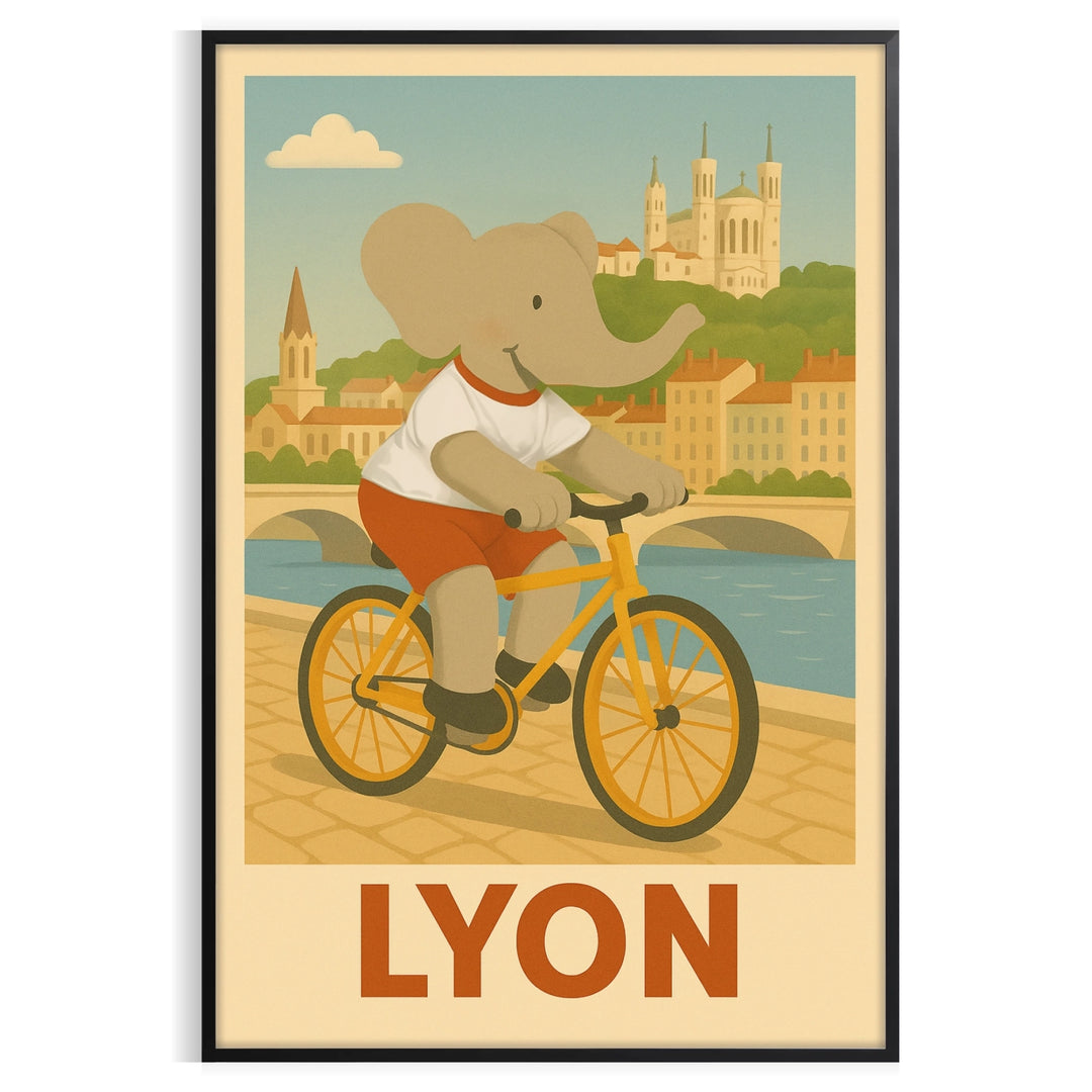 Whimsical elephant riding a bicycle through Lyon's streets