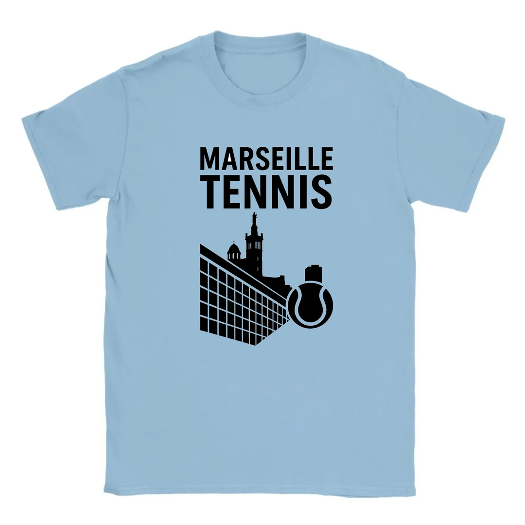 T-shirt featuring a graphic of tennis players in action with Marseille text