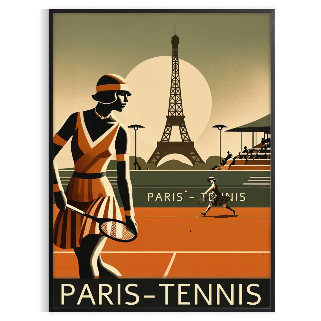 Black and gray minimalist Paris tennis poster with modern graphic design