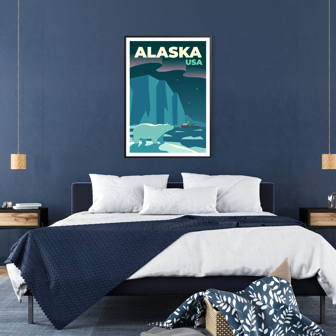 Alaska travel poster showing green and blue landscape, minimalist style - in a black frame