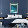 Alaska travel poster showing green and blue landscape, minimalist style - in a black frame