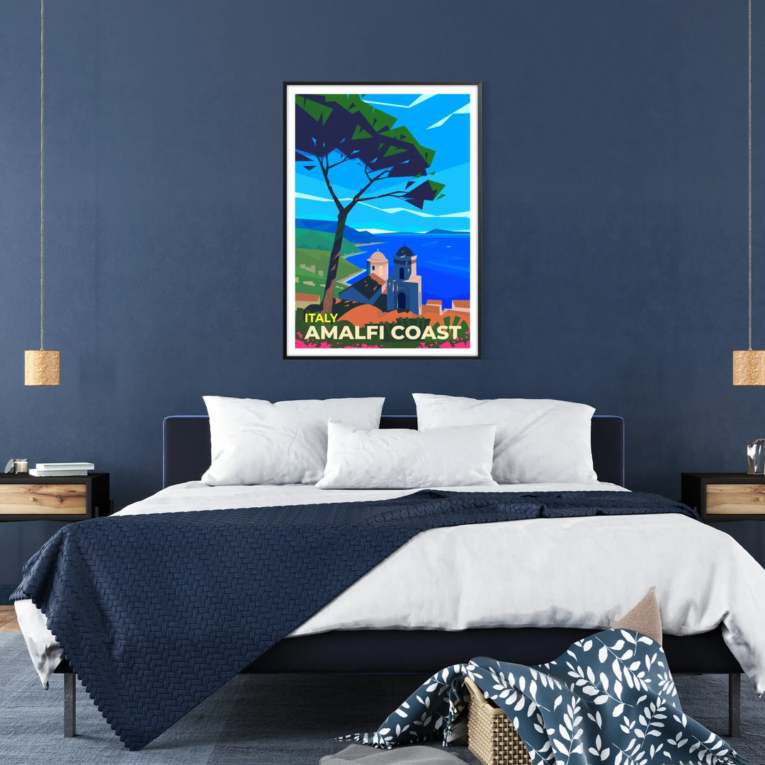Stylized coastal landscape of Amalfi Coast, Italy in earthy tones - in a black frame